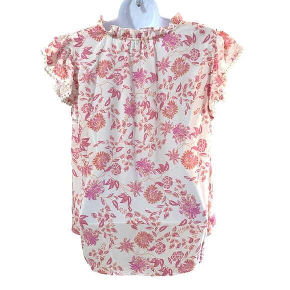 VOY Floral NWT Tassel Tie Neck Ruffle Sleeve Blouse Womens Size S Pink White - Picture 2 of 5
